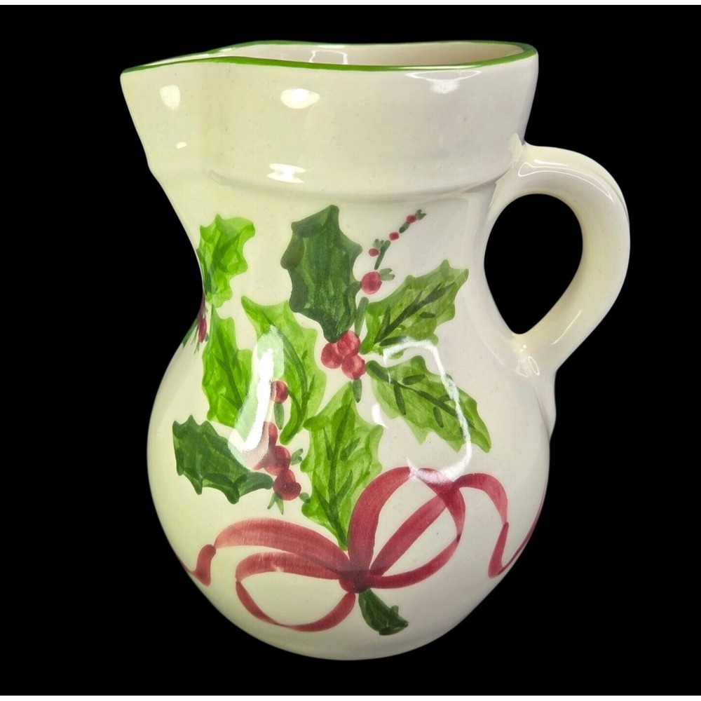 Christmas Pitcher Holly and Berries NS GUSTIN Pottery Ceramic Made in‎ USA READ